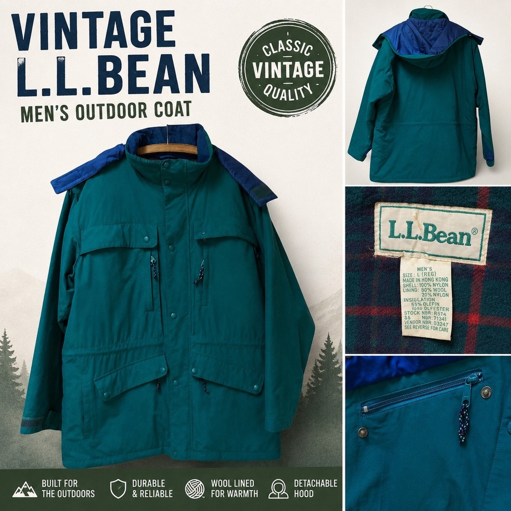 Vintage LL Bean Mens Outdoor Coat Teal Blue Wool Lined Parka Hooded Large RS74